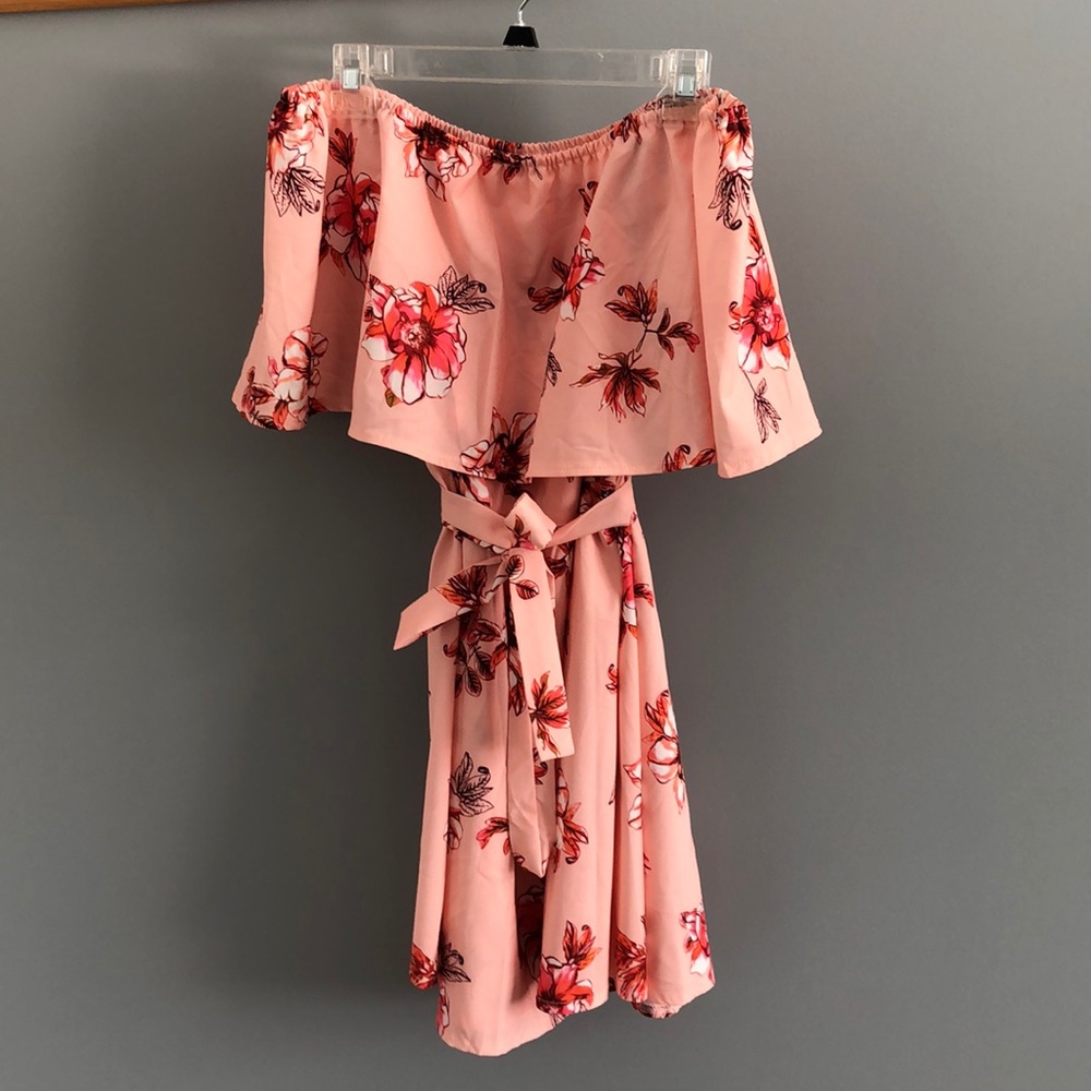 Off the shoulder floral dress.
